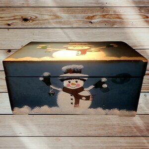 SNOWMAN - Large Wooden Hand Painted - Hinged Storage Box - Blue-Grey